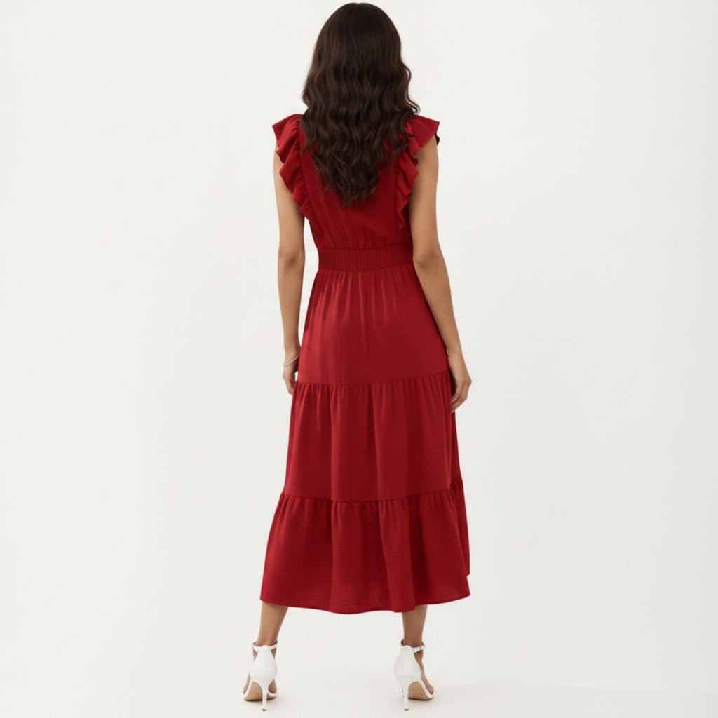 Anna-Kaci Women's Tiered Midi Dress with Ruffle Sleeves and Smocked Waist