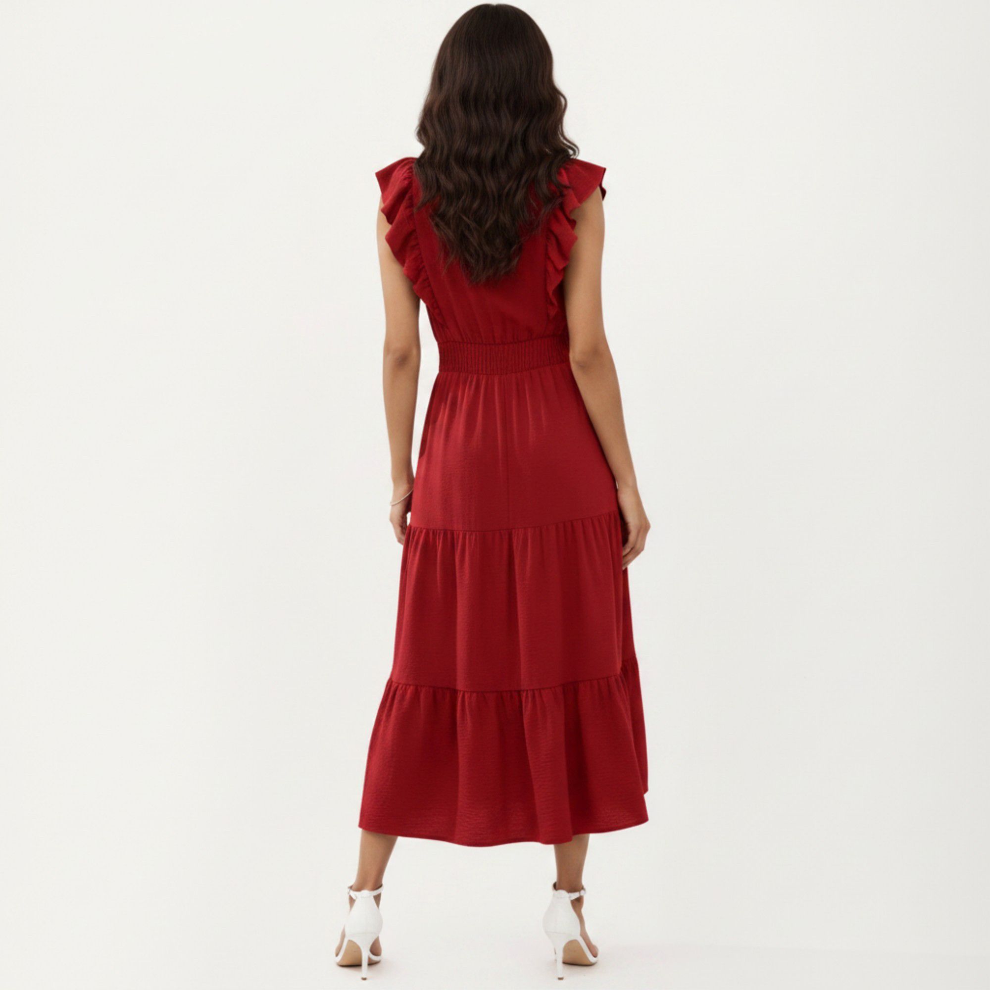 Anna-Kaci Women's Tiered Midi Dress with Ruffle Sleeves and Smocked Waist