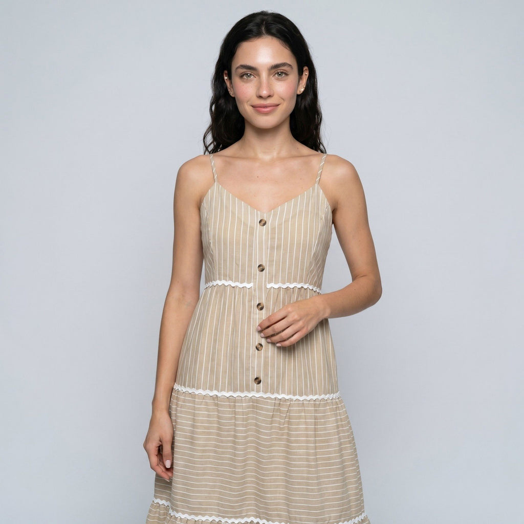 Striped Spaghetti Strap Button Front Midi Dress with Rickrack Trim Tiered Skirt and Flowy A Line Silhouette