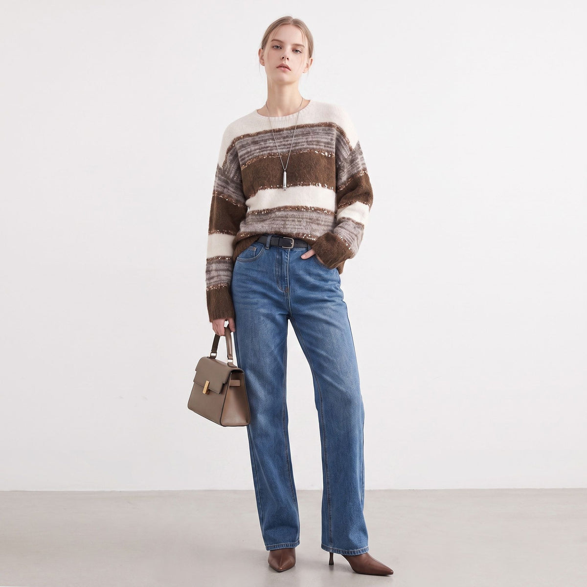 Sequin Striped Fuzzy Knit Crewneck Pullover Sweater