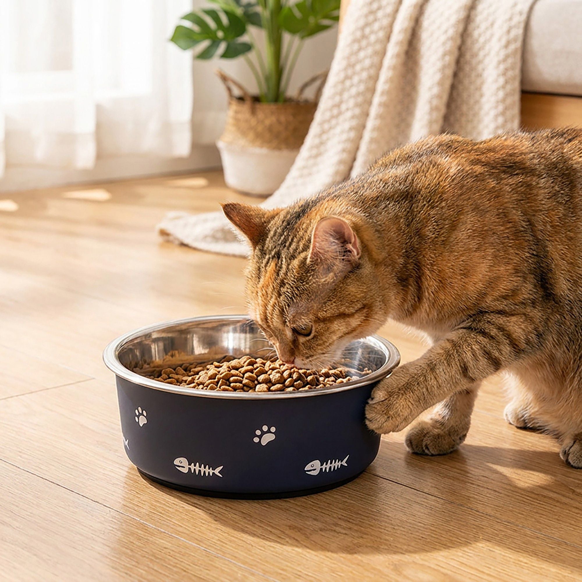 Stainless Steel Pet Bowl - Non-Slip Dog and Cat Food Dish with Paw Print Accent