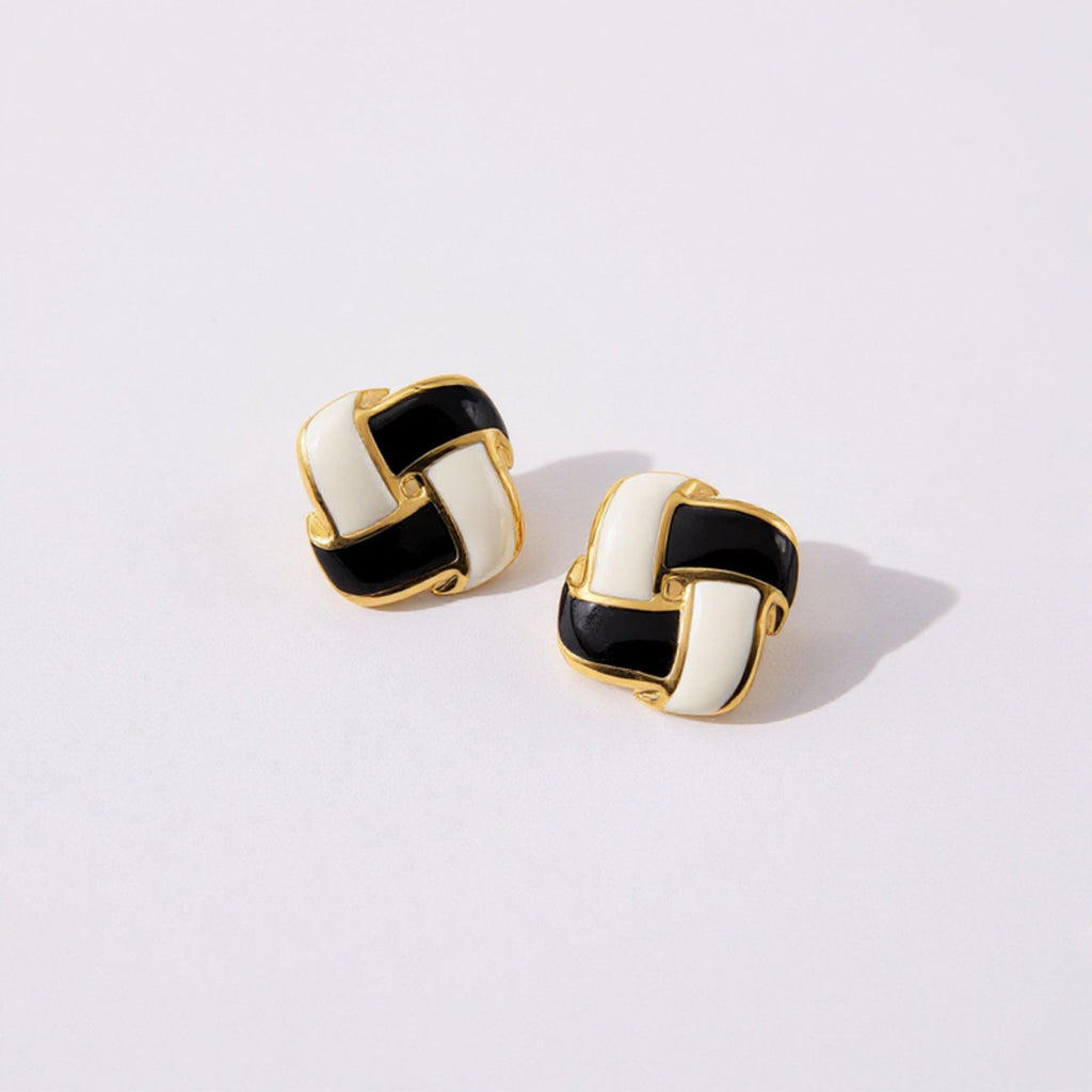 Women's Interlocking Enamel Square Stud Earrings with Gold Tone Frame and Classic Two-Tone Design