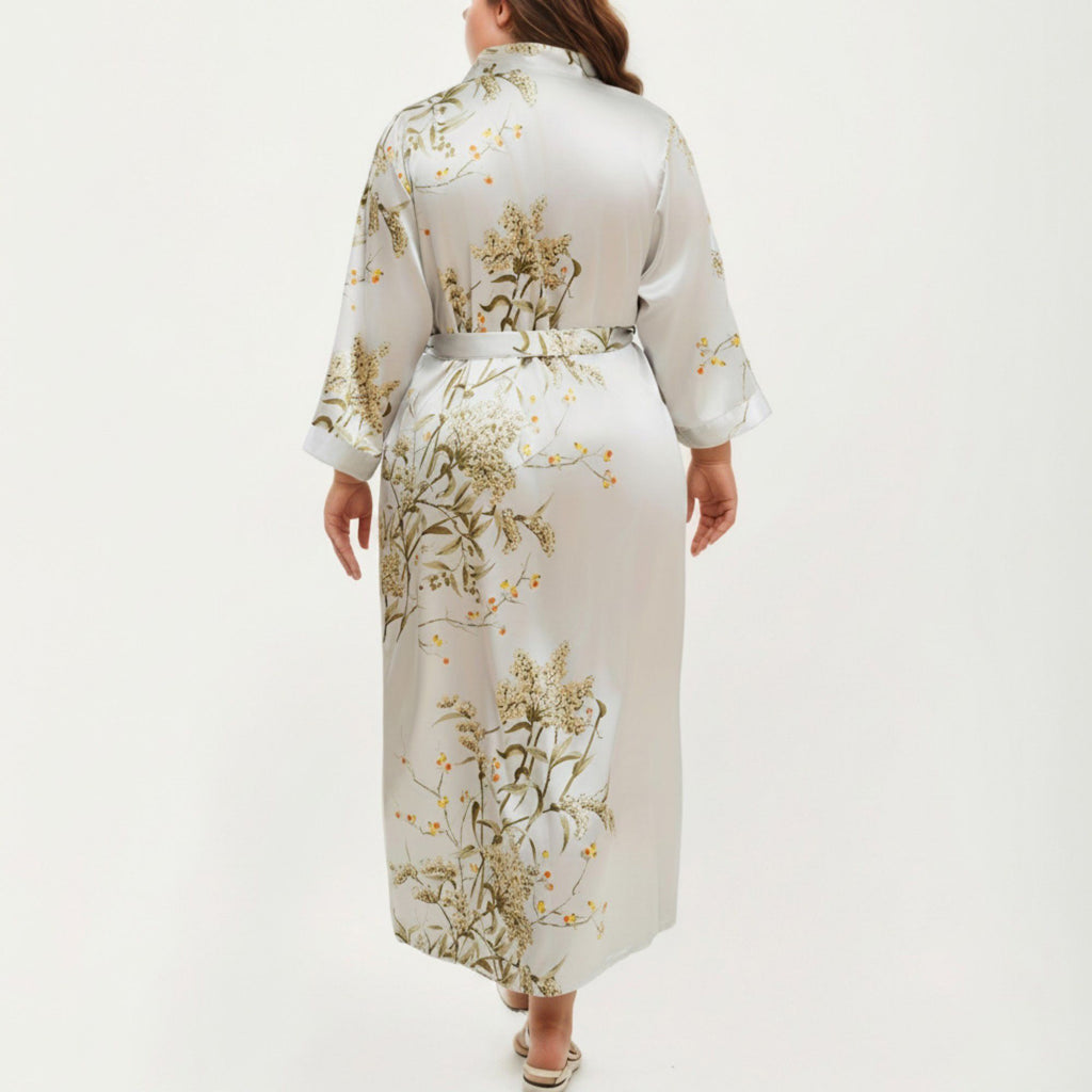 Anna-Kaci Lounge Women's Plus Size Satin Floral Kimono Robe with Self Tie Belt Longline Open Front Lightweight Sleepwear
