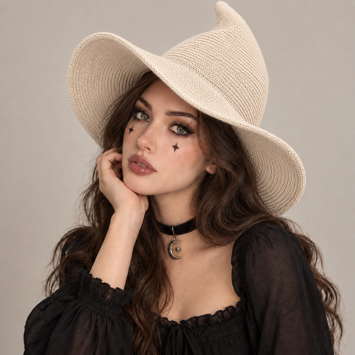 Pointed Knit Witch Hat with Wide Floppy Brim for Halloween