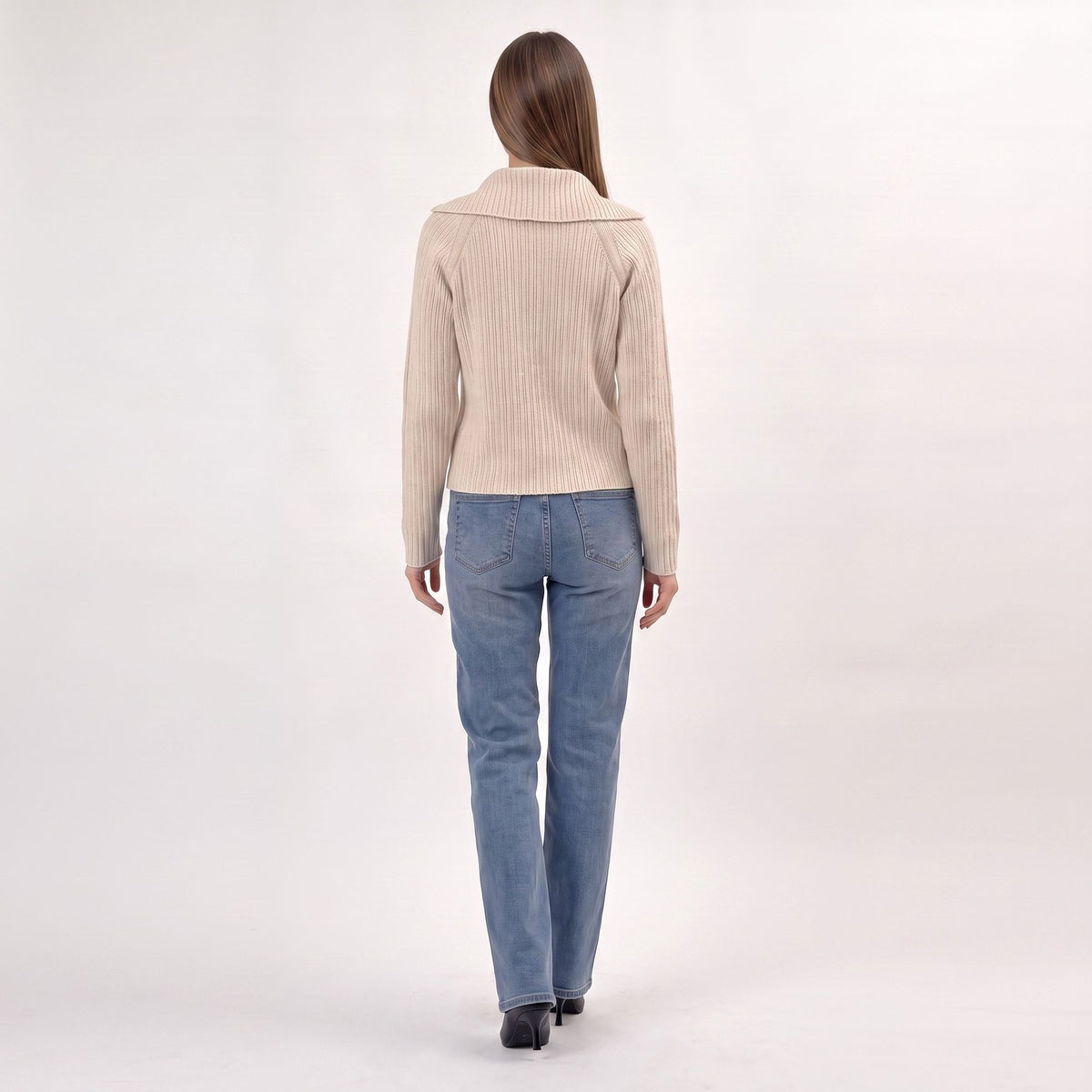Ribbed Wide Collar Zip-Front Cardigan Sweater