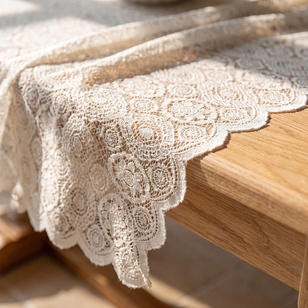 Off White Floral Lace Square Tablecloth with Scalloped Edges 55.1x55.1in