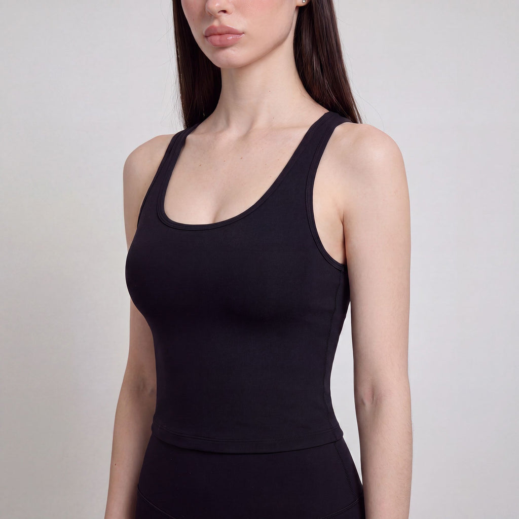 Cropped Yoga Tank Top with Built In Padding Scoop Neck Wide Strap Fitted Activewear Top