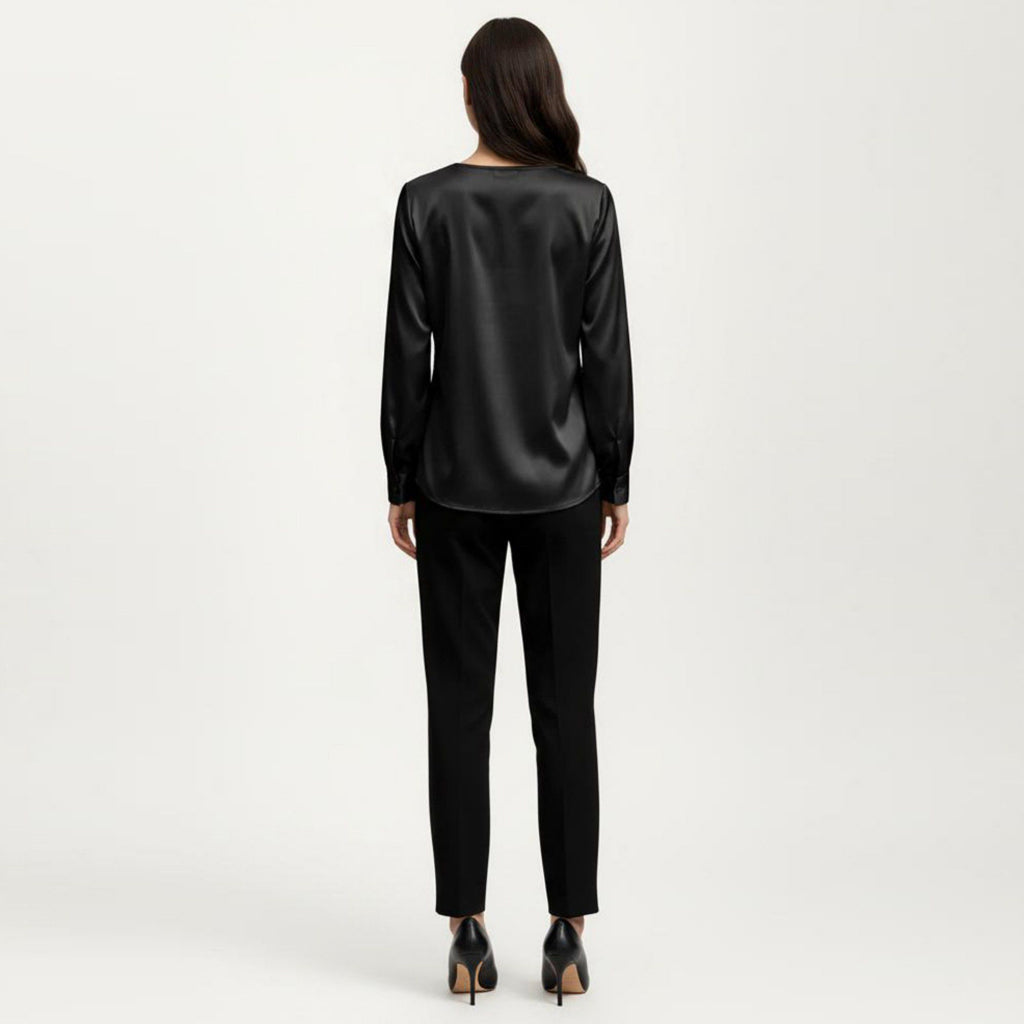 Anna-Kaci Women's Satin V-Neck Blouse with Long Balloon Sleeves and Wide Cuffs