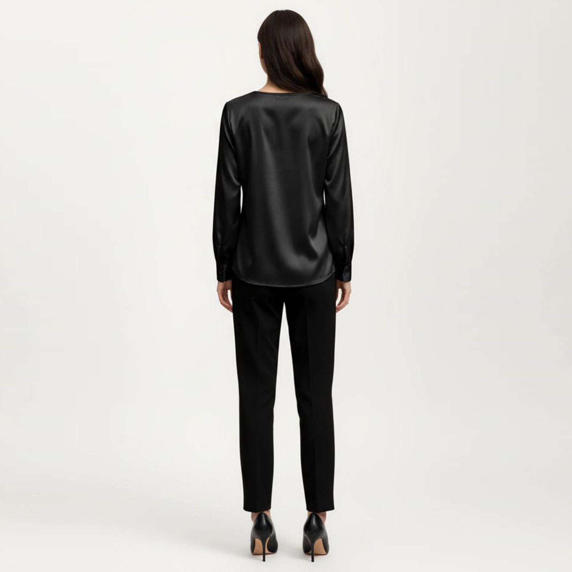 Anna-Kaci Women's Satin V-Neck Blouse with Long Balloon Sleeves and Wide Cuffs