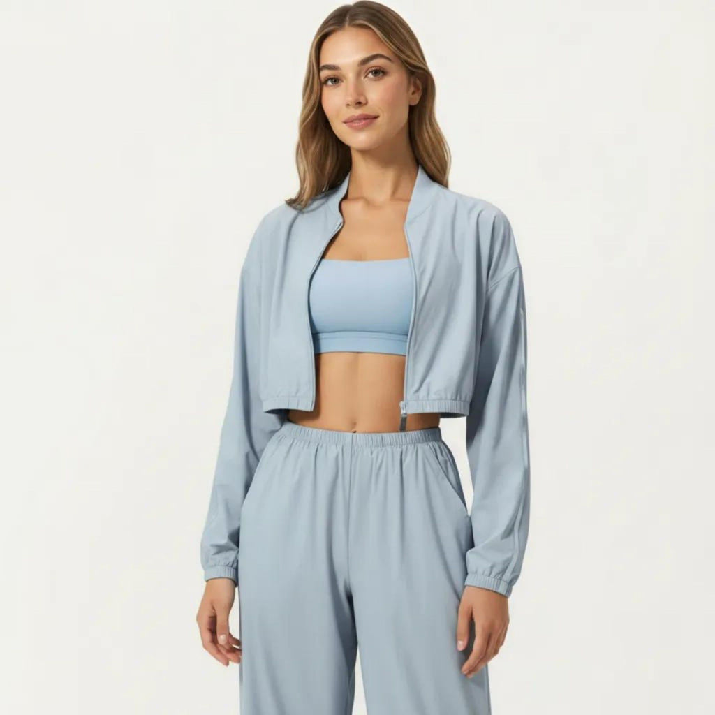 Anna-Kaci Active Women's Cropped Zip Front Jacket with Elastic Hem and Long Sleeves