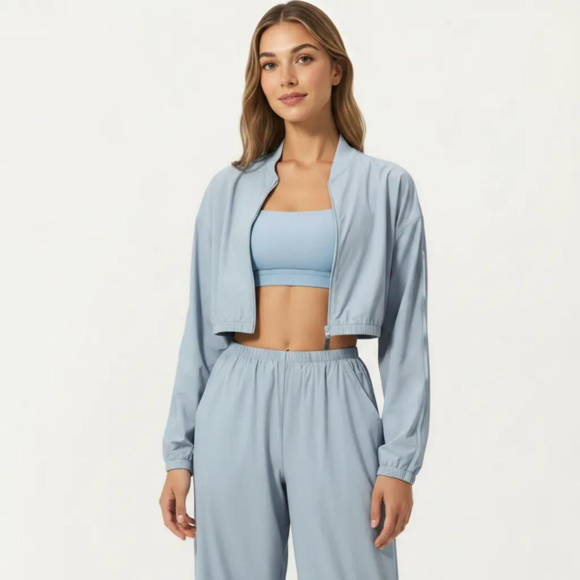 Anna-Kaci Active Women's Cropped Zip Front Jacket with Elastic Hem and Long Sleeves