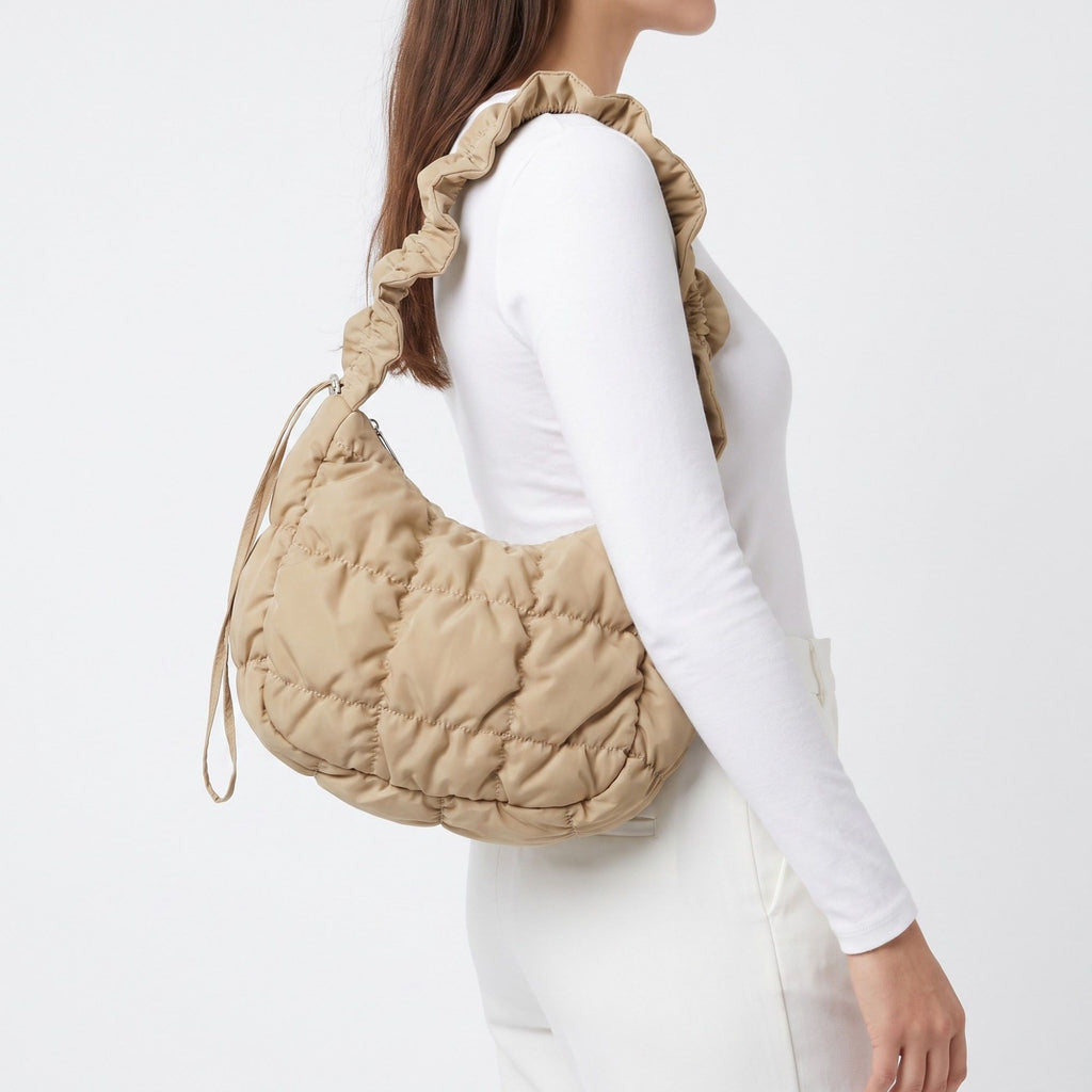 Ruched Puffer Shoulder Bag with Gathered Strap and Top Zipper Closure 10.5x8.5x3in