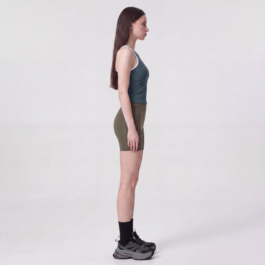 High Waist Ribbed Biker Shorts with Side Pocket and Adjustable Drawcord Detail