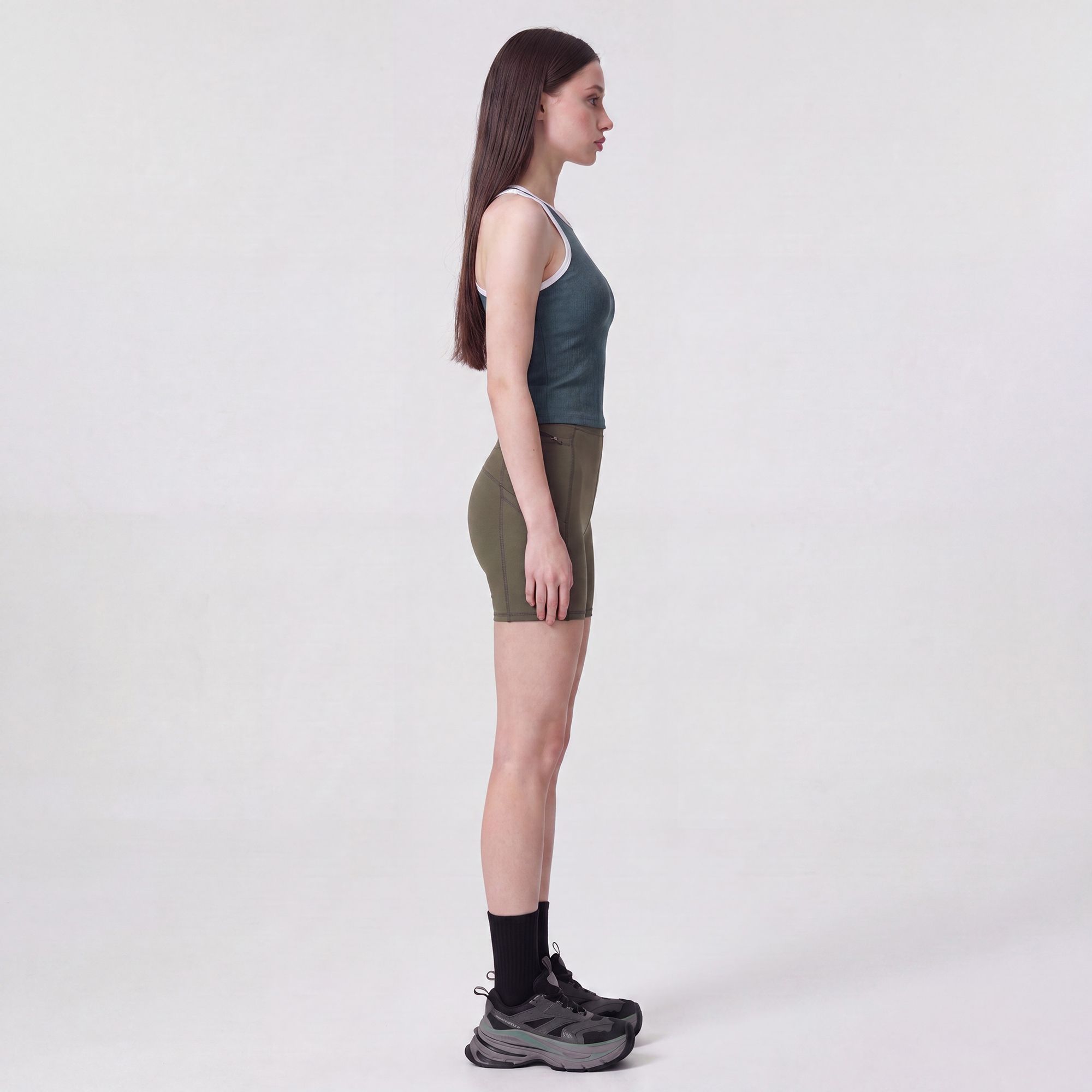 High Waist Ribbed Biker Shorts with Side Pocket and Adjustable Drawcord Detail