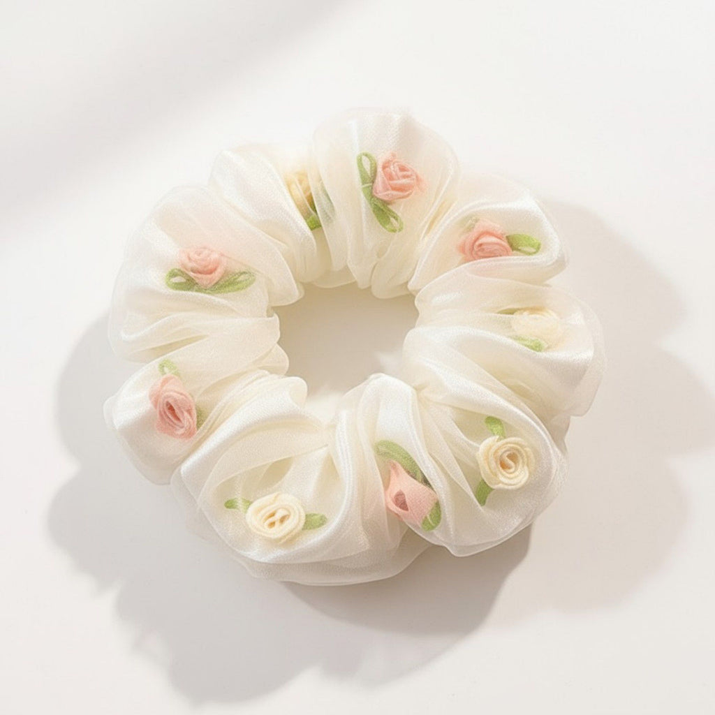 Anna-Kaci 2pcs Sheer Organza Scrunchie with Embroidered Mini Roses and Soft Layered Design