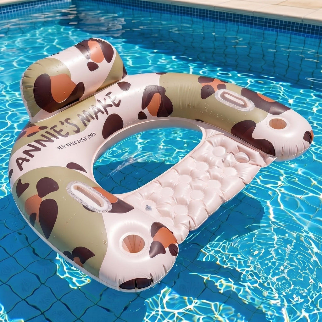 Cow Print Inflatable Pool Float Lounge Chair with Headrest Cup Holder and Handles Durable PVC Float 39.4x43.3in