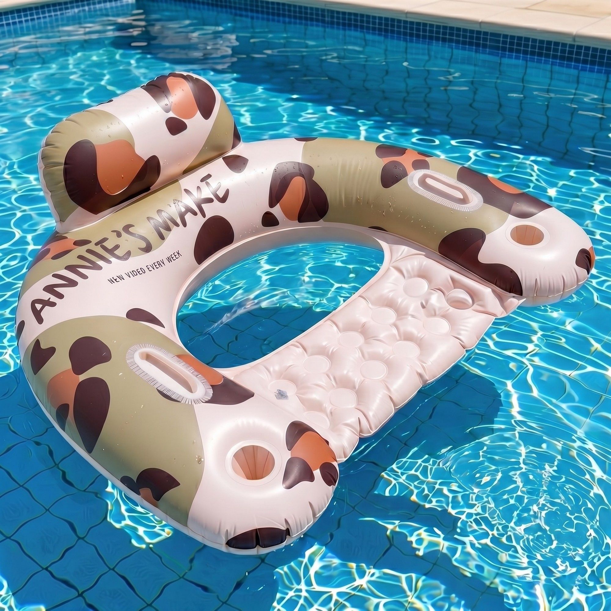 Cow Print Inflatable Pool Float Lounge Chair with Headrest Cup Holder and Handles Durable PVC Float 39.4x43.3in