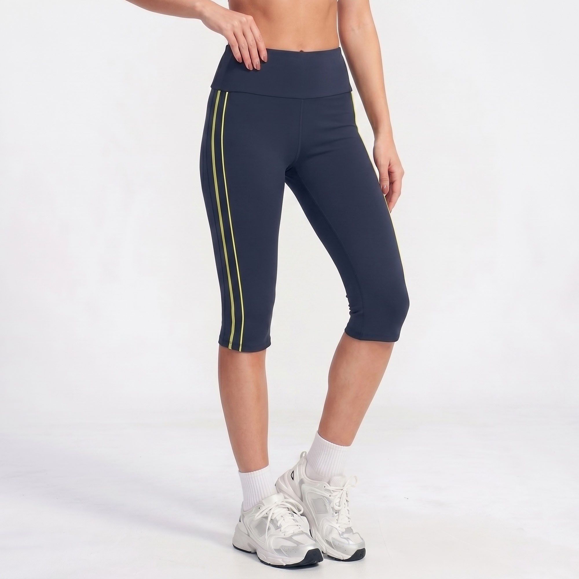 High Waist Side Stripe Capri Leggings Wide Waistband Cropped Workout Yoga Pants