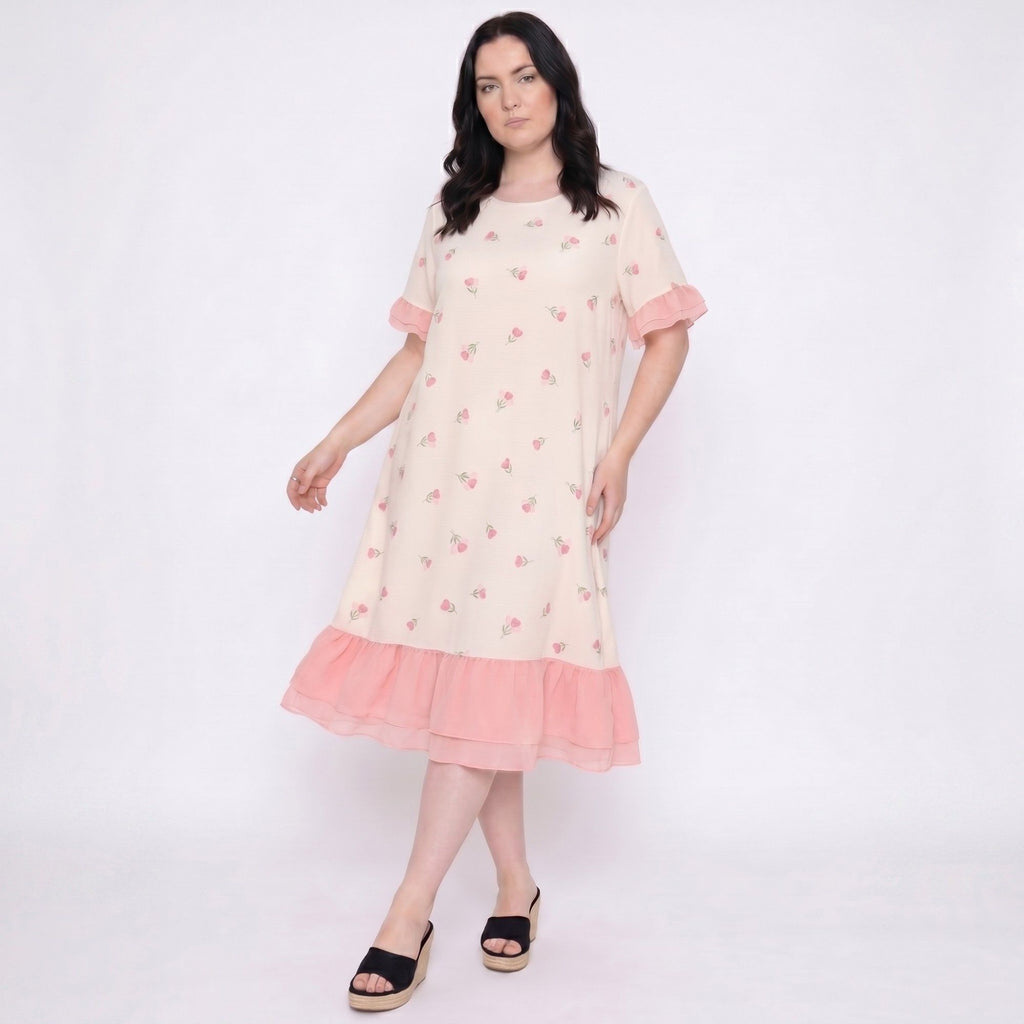 Short Sleeve Floral Midi Nightgown Ruffle Trim Relaxed Sleep Dress