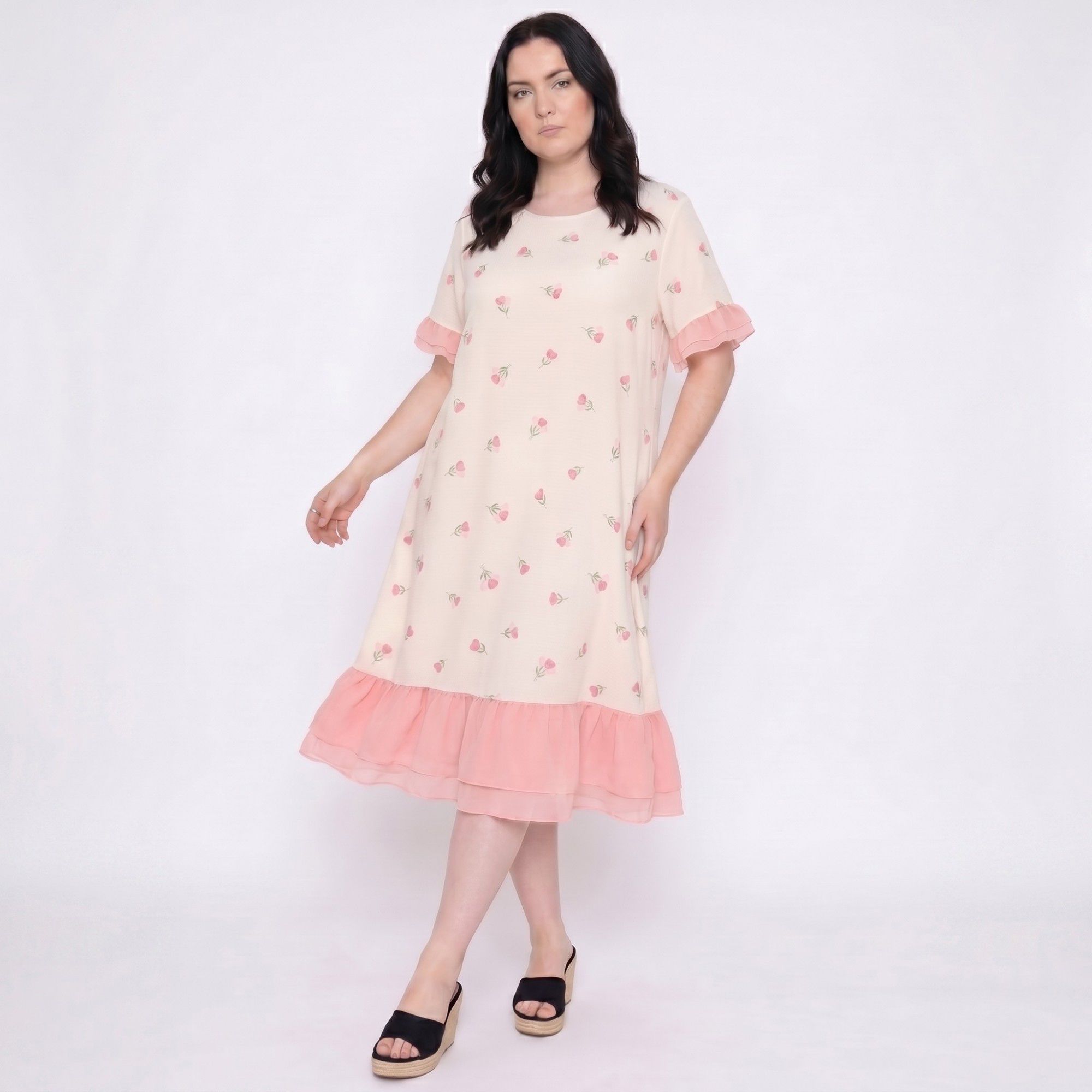 Short Sleeve Floral Midi Nightgown Ruffle Trim Relaxed Sleep Dress