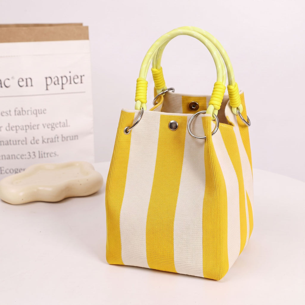 Small Striped Knit Bucket Bag with Rope Handles and Snap Closure