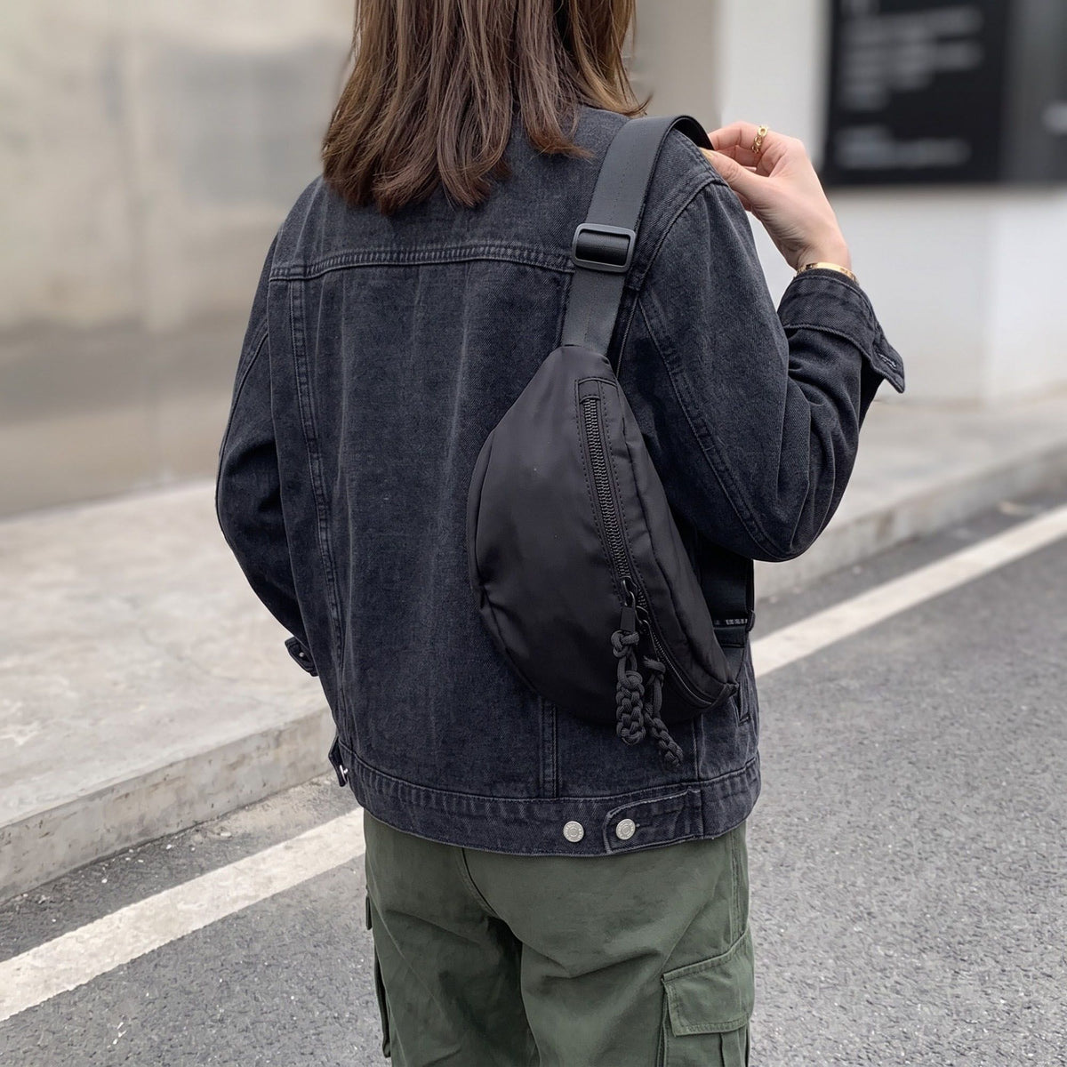 Crossbody Belt Bag with Chain Detail and Adjustable Strap