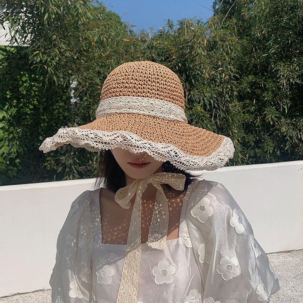 Anna-Kaci Women's Crochet Straw Sun Hat with Lace Trim & Bow