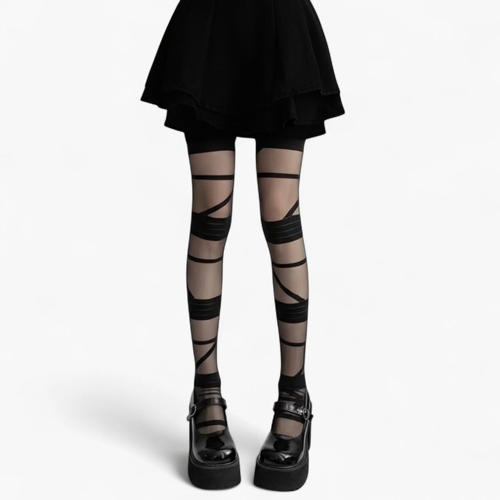 Anna-Kaci Women's Sheer Tights with Wrapped Ribbon Illusion and Gothic Layered Design
