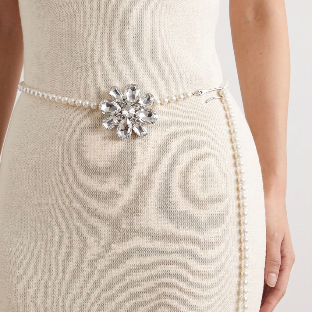 Crystal Floral Pearl Waist Chain Adjustable Elegant Body Belt Glam Floral Inspired Waist Jewelry 47.2in