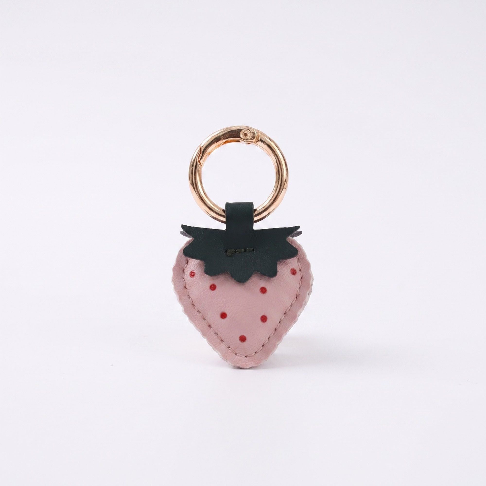 Strawberry Bag Charm with Pink Polka Dots and Gold Tone Ring Clip