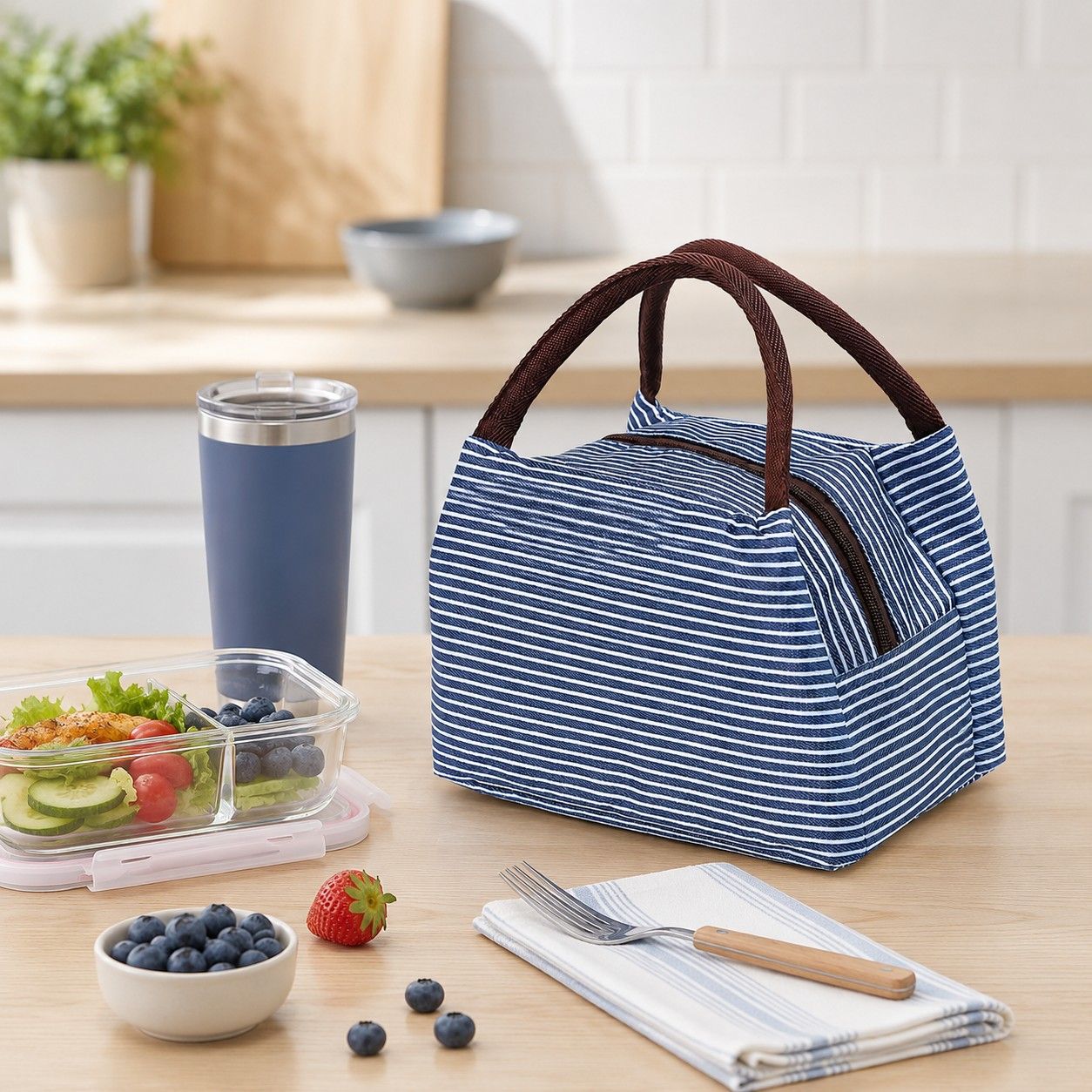Insulated Striped Lunch Bag Reusable Soft Cooler Tote for Work School Picnic