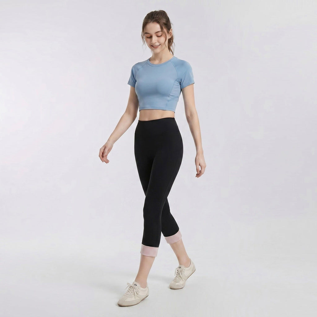 High Waist Capri Leggings with Folded Cuff Hem Wide Waistband Smooth Stretch Yoga Pants