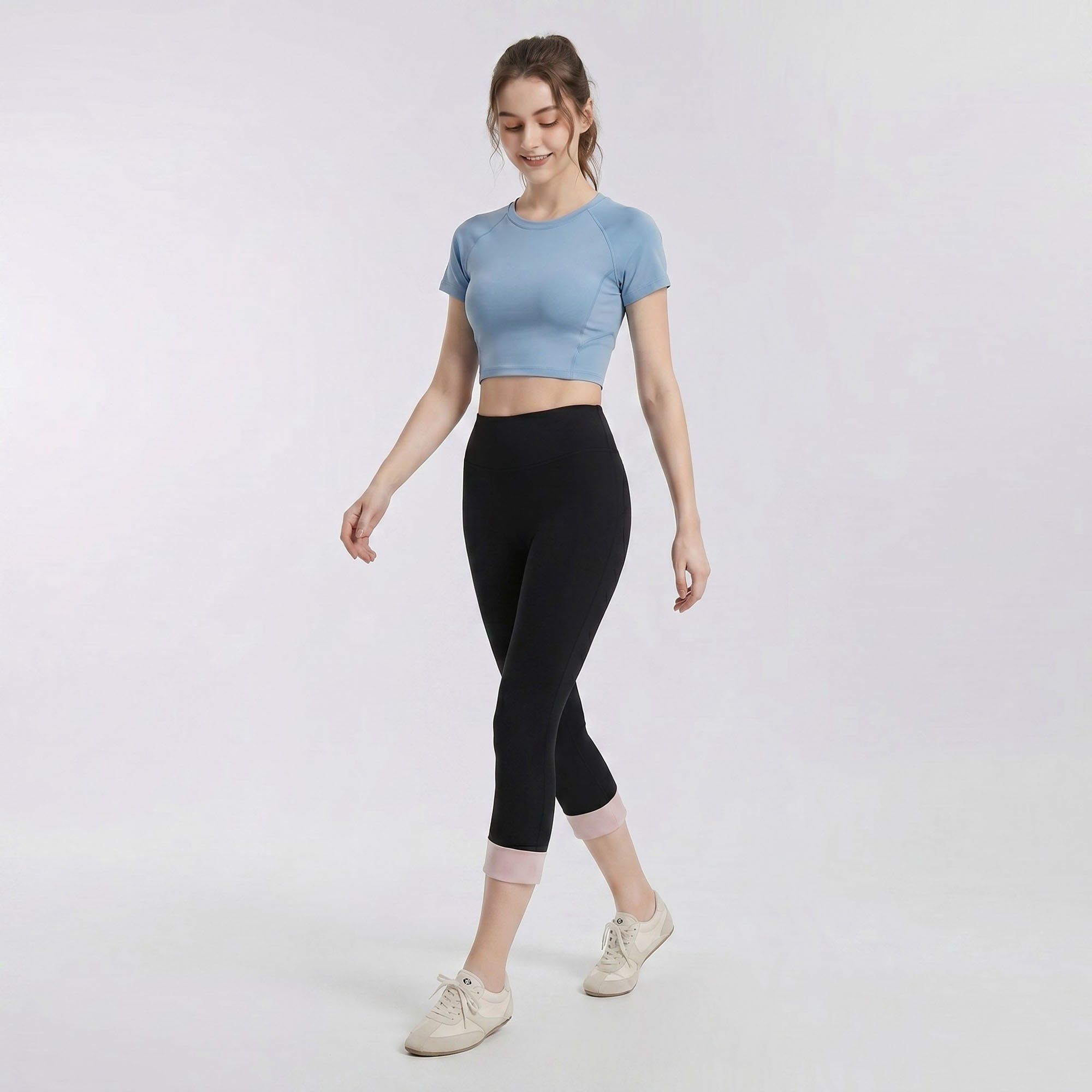 High Waist Capri Leggings with Folded Cuff Hem Wide Waistband Smooth Stretch Yoga Pants