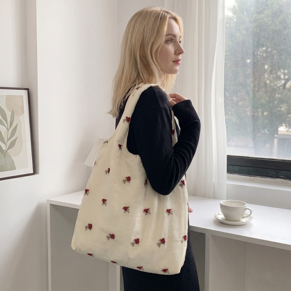 Ditsy Floral Embroidered Shoulder Tote Bag Soft Lightweight Slouchy Everyday Carryall85