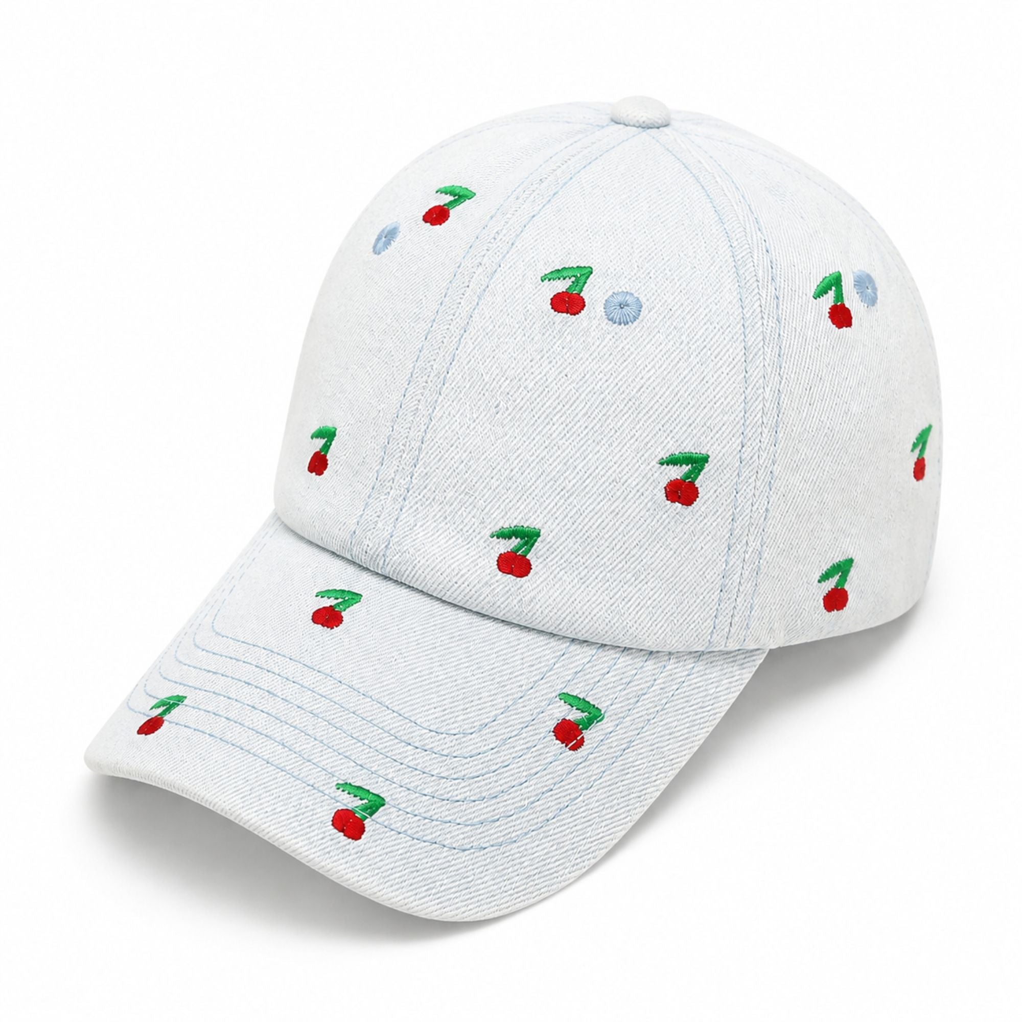 Denim Baseball Cap Cherry Embroidered Adjustable Dad Hat