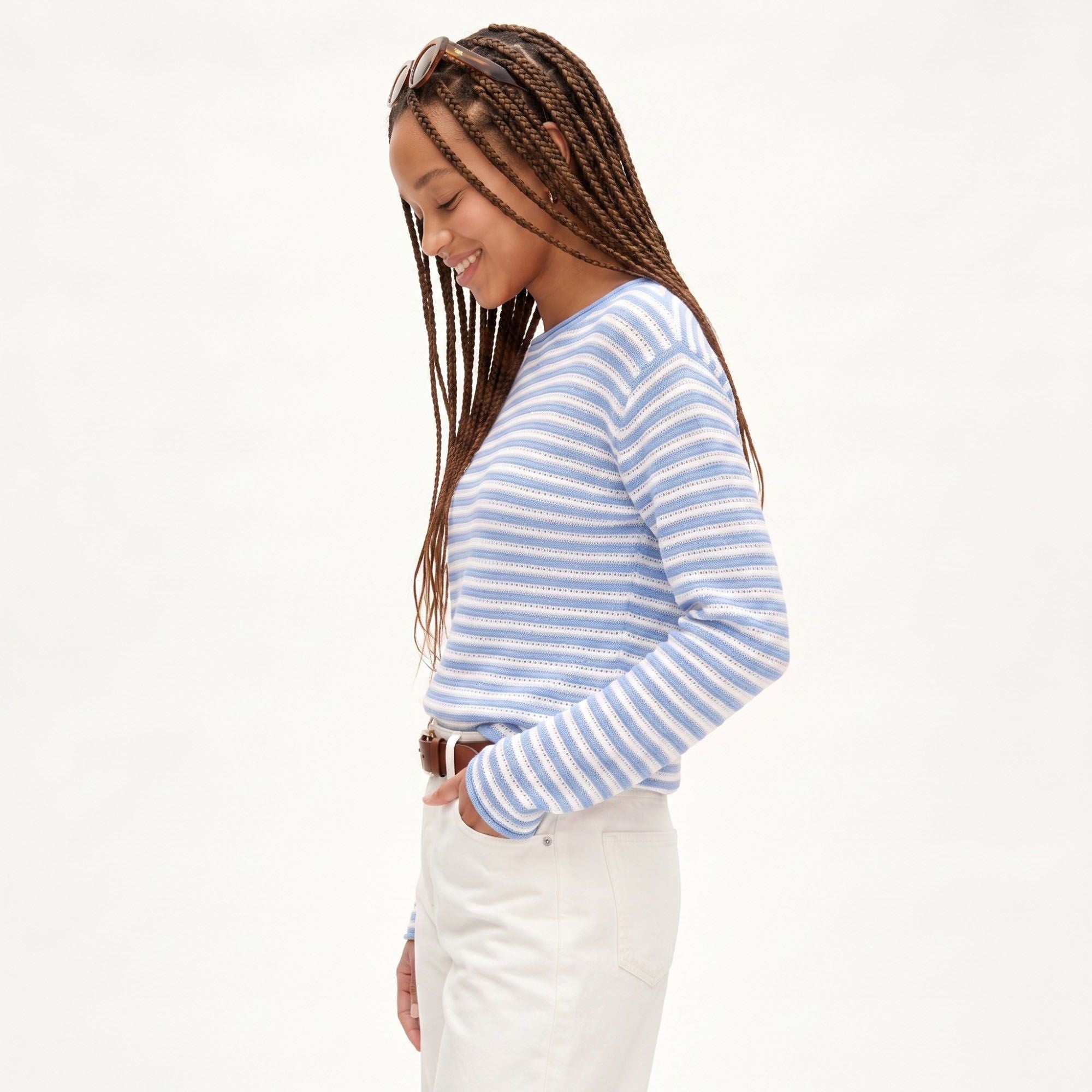 Striped Pointelle Knit Boat Neck Long Sleeve Sweater