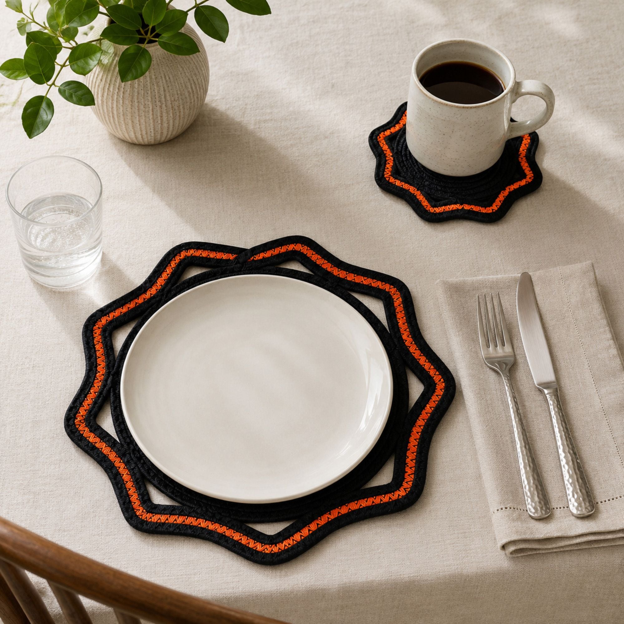Woven Cotton Cord Octagonal Placemat and Coaster 2-Piece Set