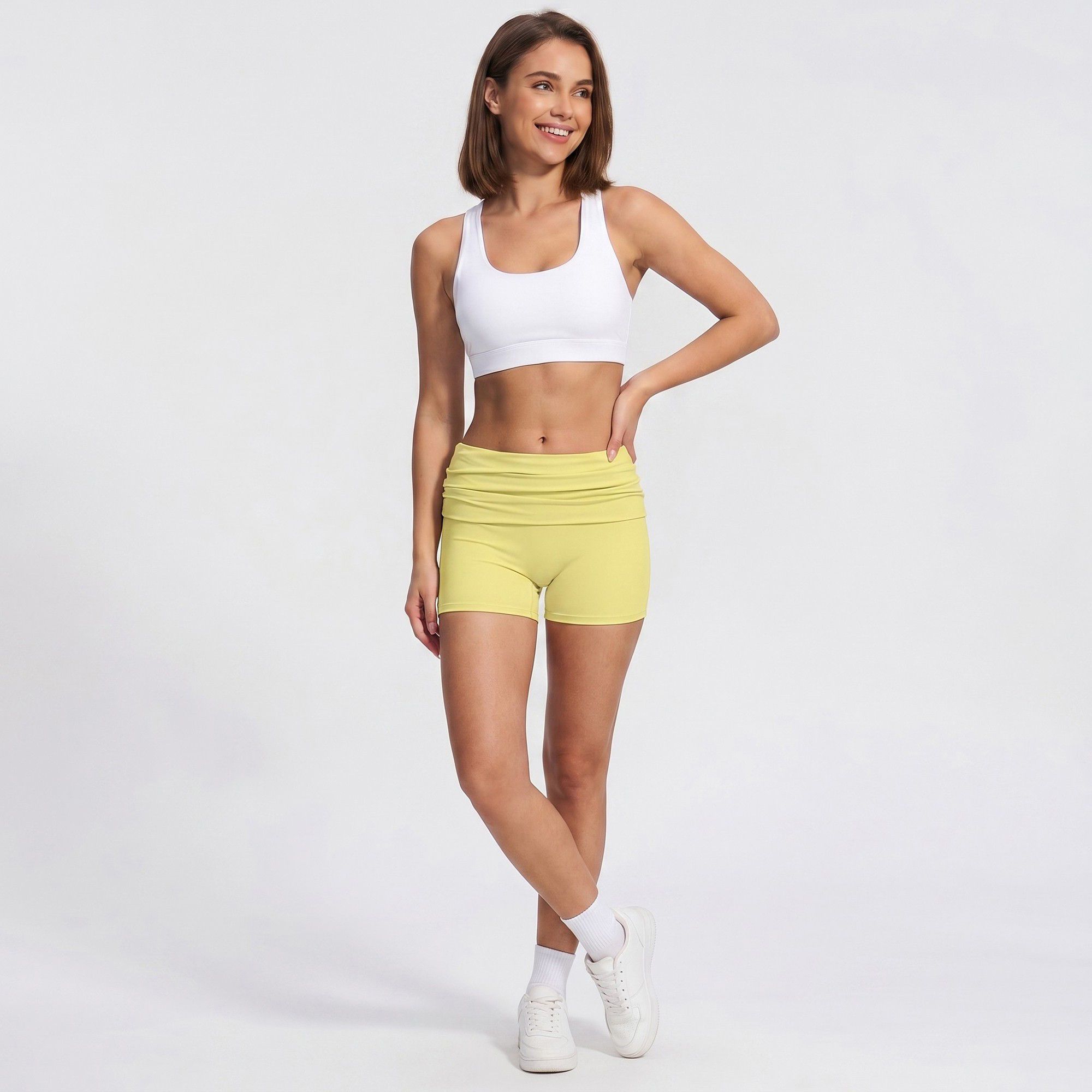 Fold Over Ruched Waistband Yoga Shorts Butt Lifting Workout Shorts