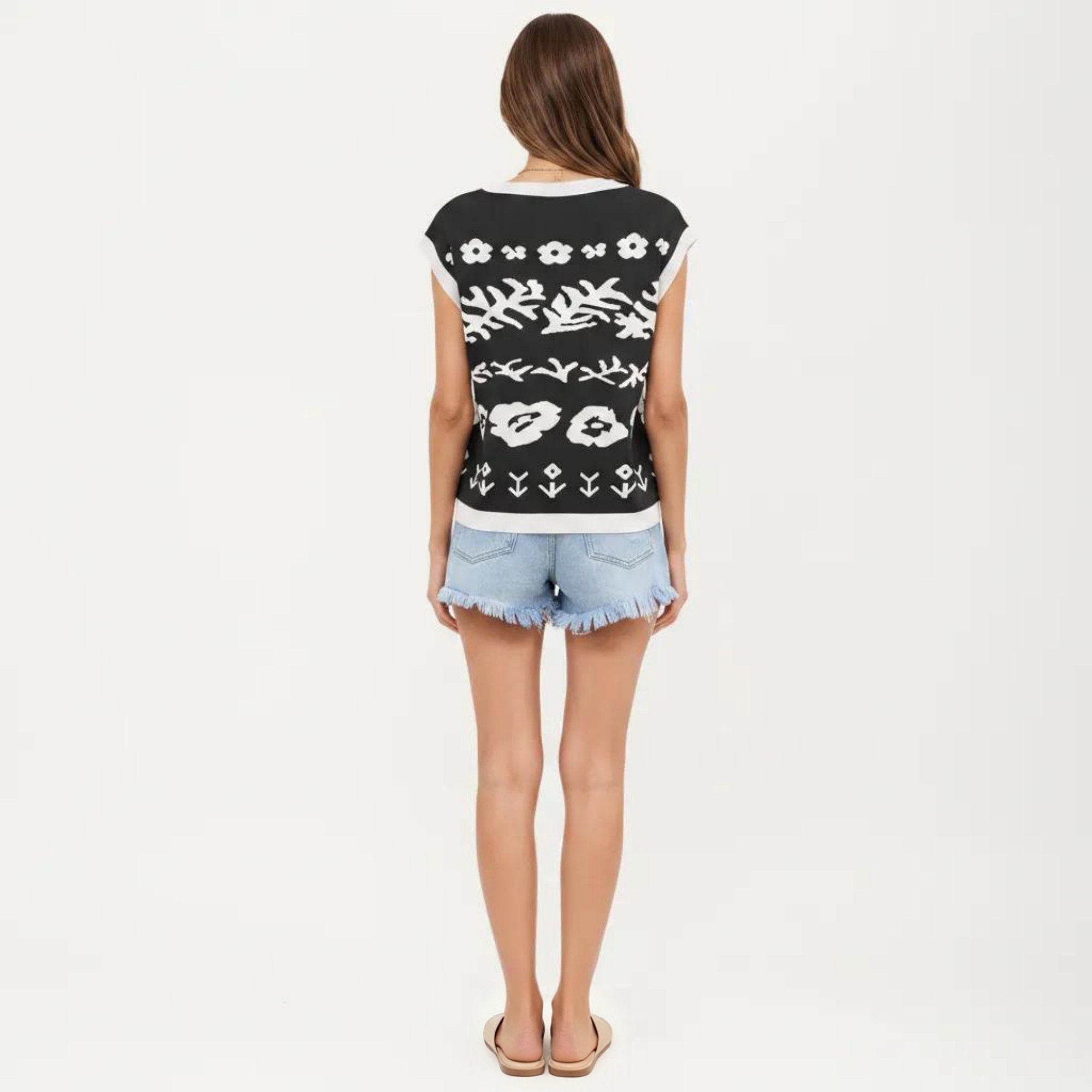 Anna-Kaci Women's Sleeveless Floral Knit Vest Top with Crew Neck and Contrast Trim