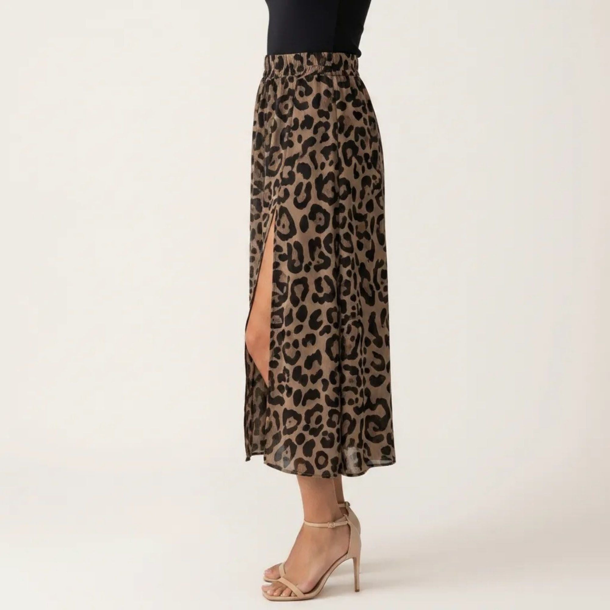 Anna-Kaci Women's Leopard Print Midi Skirt High Waist Elastic Waist Side Slit Flowy A Line Skirt
