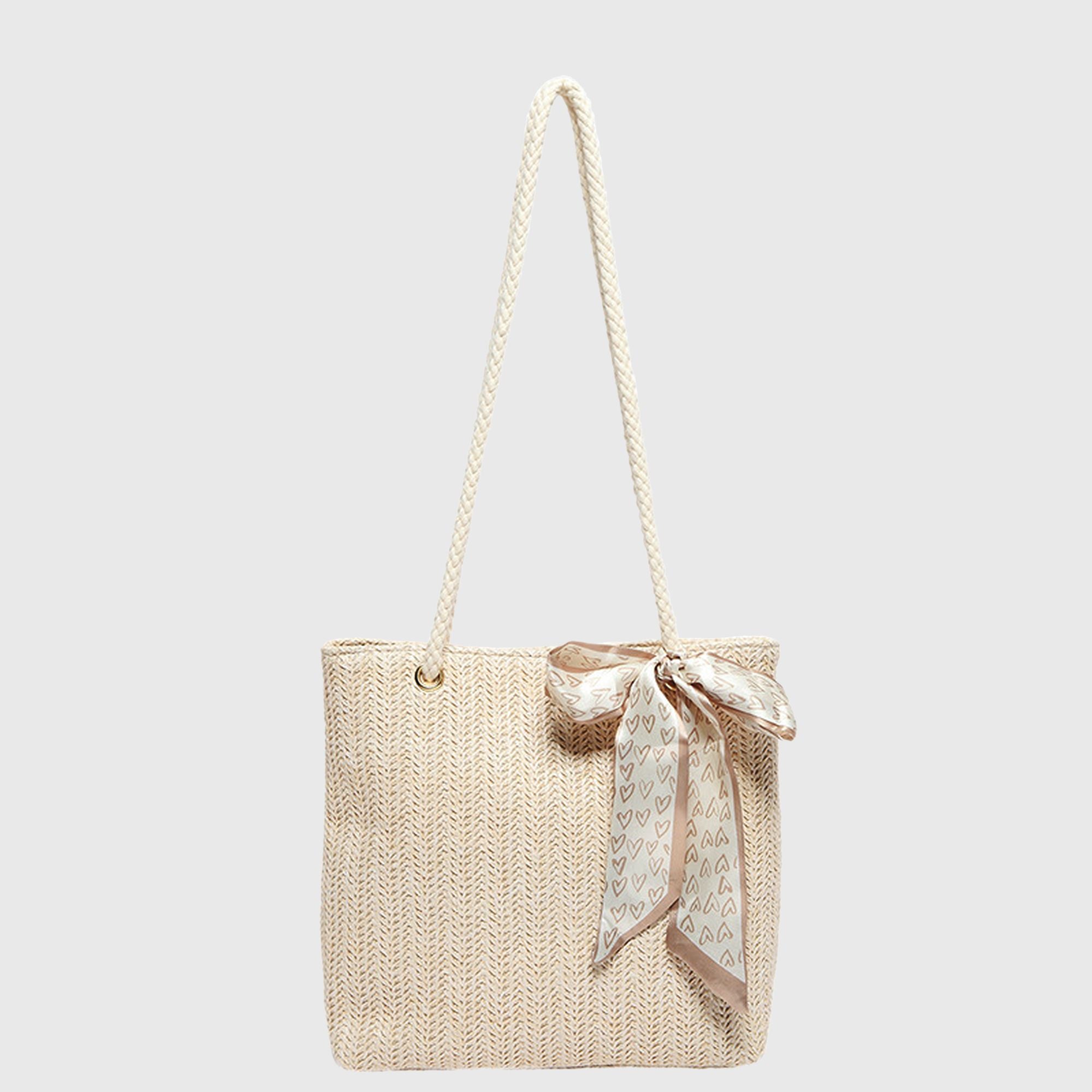 Anna-Kaci Women's Straw Woven Tote Bag with Bow Accent - Lightweight Summer Shoulder Bag