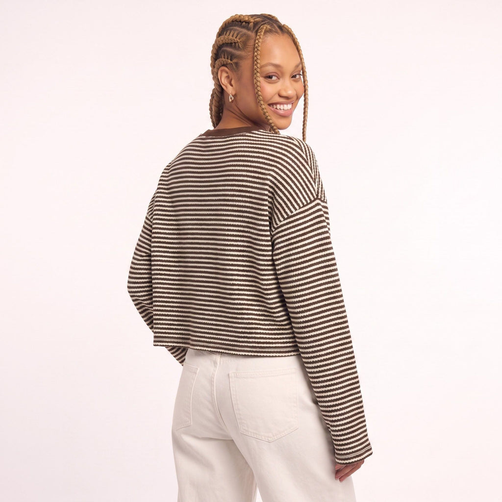 Striped Textured Knit Drop Shoulder Cropped Sweater