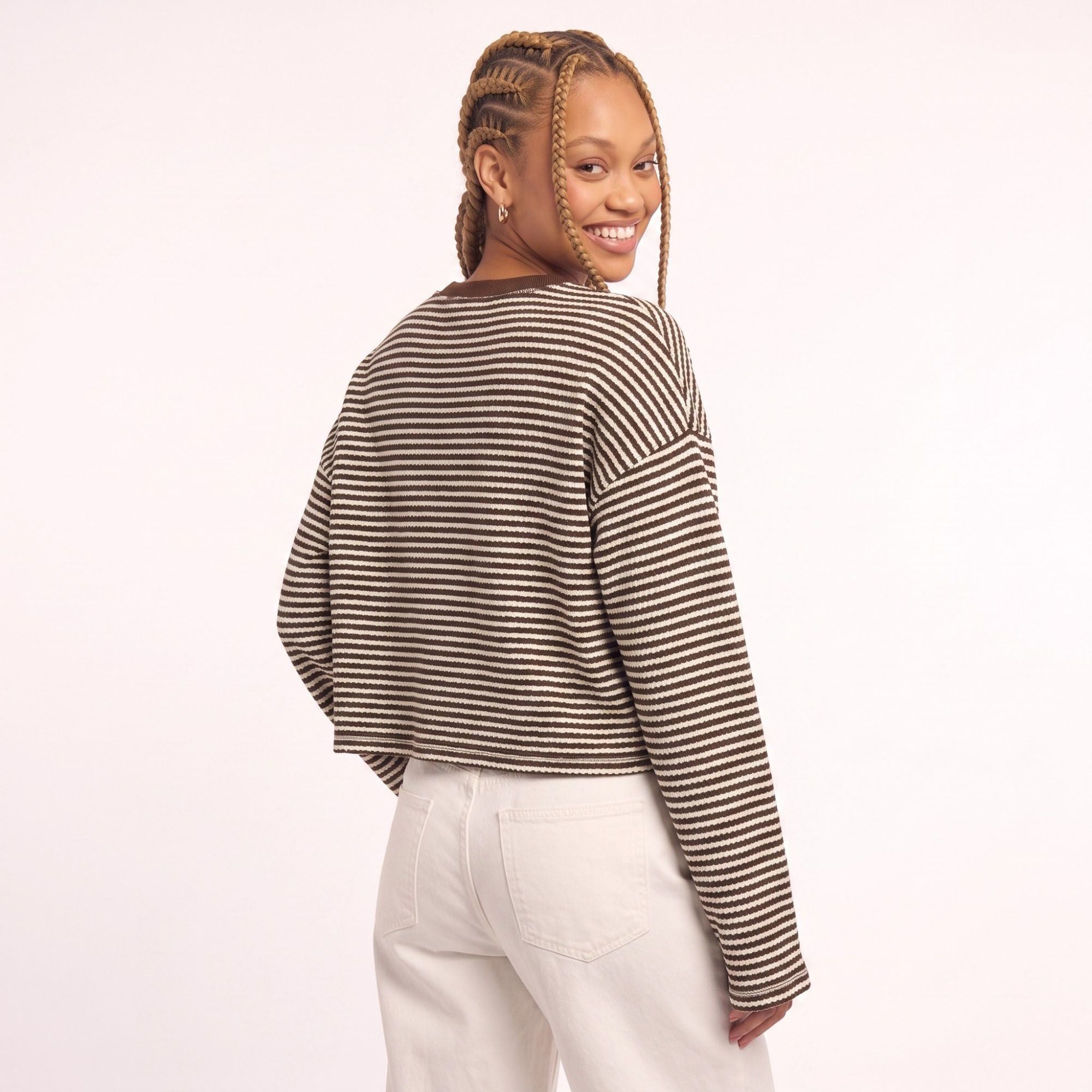 Striped Textured Knit Drop Shoulder Cropped Sweater