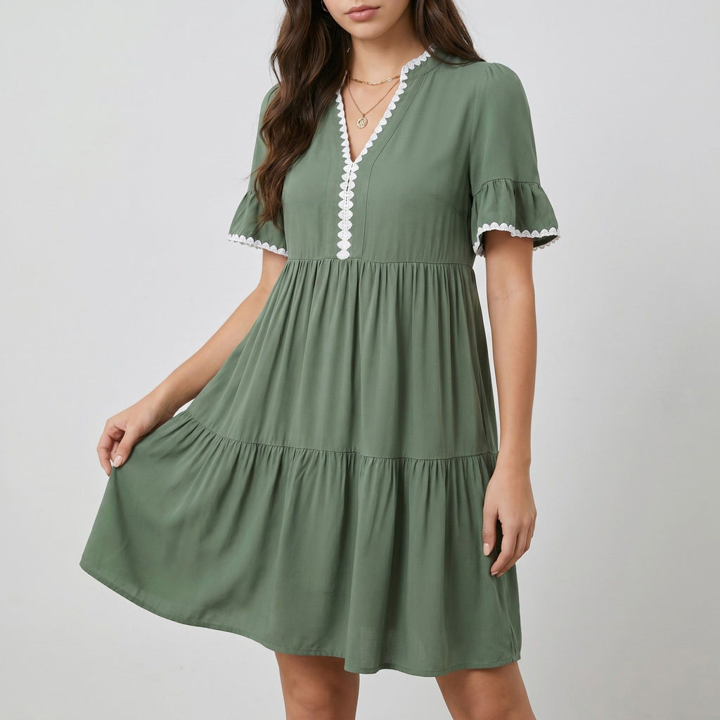 Lace Trim V-Neck Flutter Sleeve Tiered Mini Dress with Gathered Waist and Flowy Relaxed Silhouette