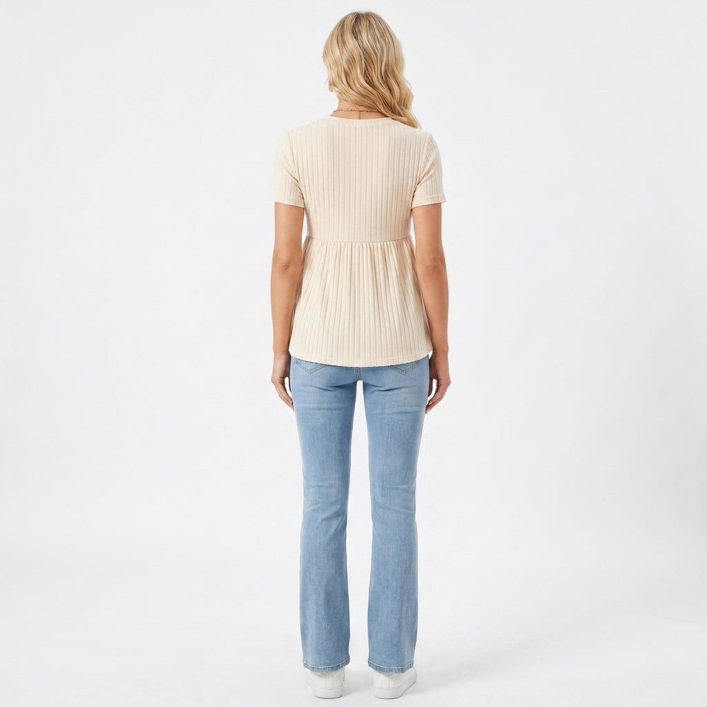 Anna-Kaci Women's Short Sleeve Rib Knit Peplum Maternity Top with Round Neck