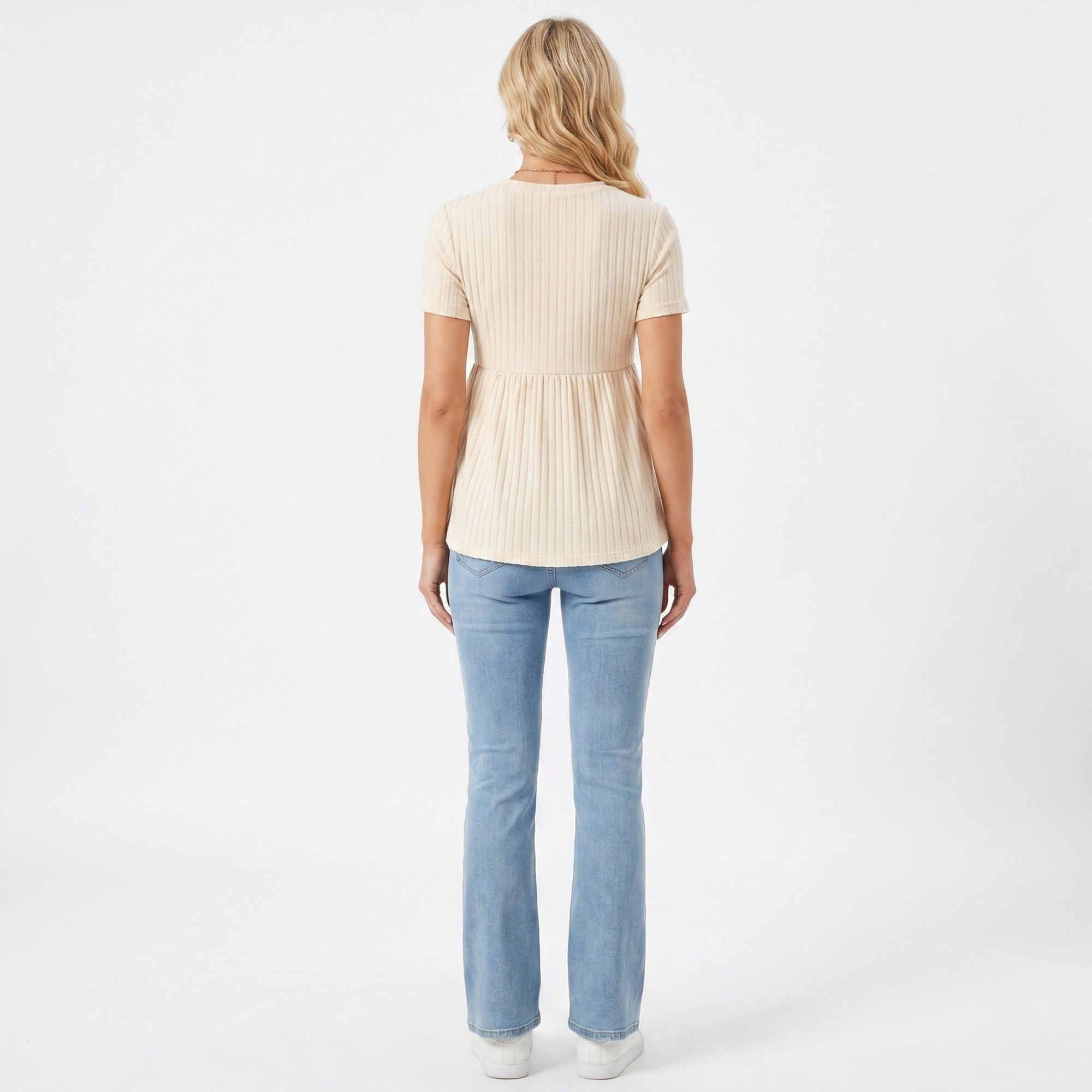 Anna-Kaci Women's Short Sleeve Rib Knit Peplum Maternity Top with Round Neck