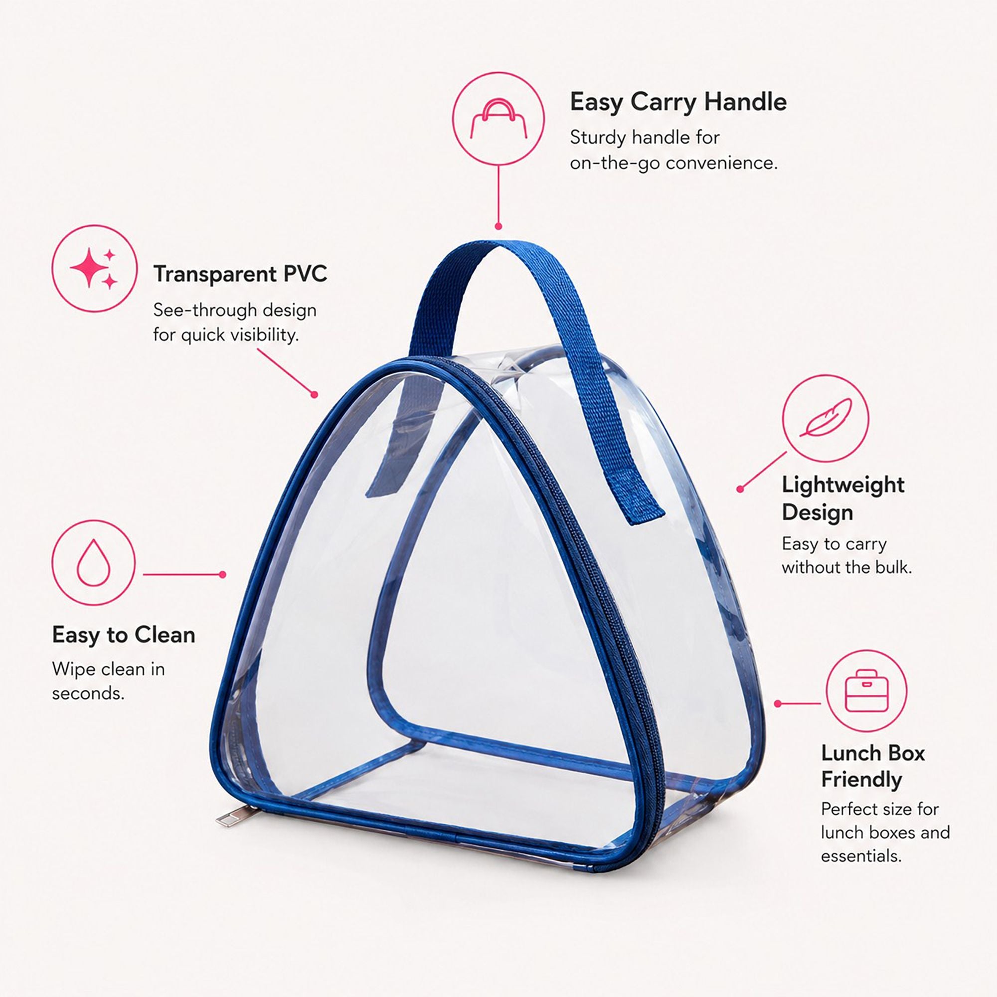 Clear Triangular Lunch Bag with Zipper Closure and Top Handle