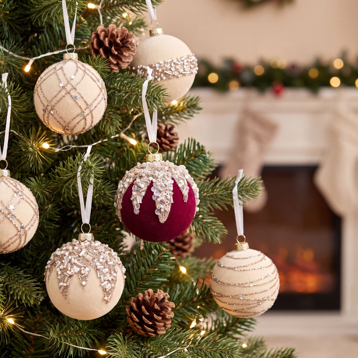 12ct Flocked Christmas Ball Ornament Set with Glitter Beaded Holiday Tree Decorations