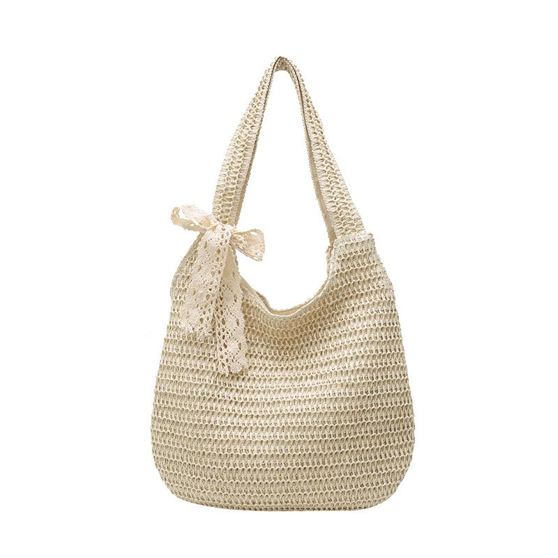 Women's Crochet Woven Hobo Shoulder Bag with Lace Bow Accent and Lined Interior