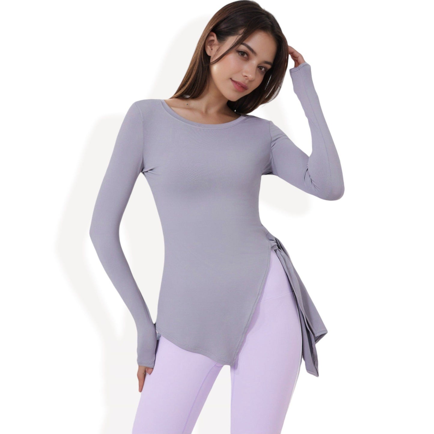 Long Sleeve Side-Tie Activewear Top with Asymmetric Hem